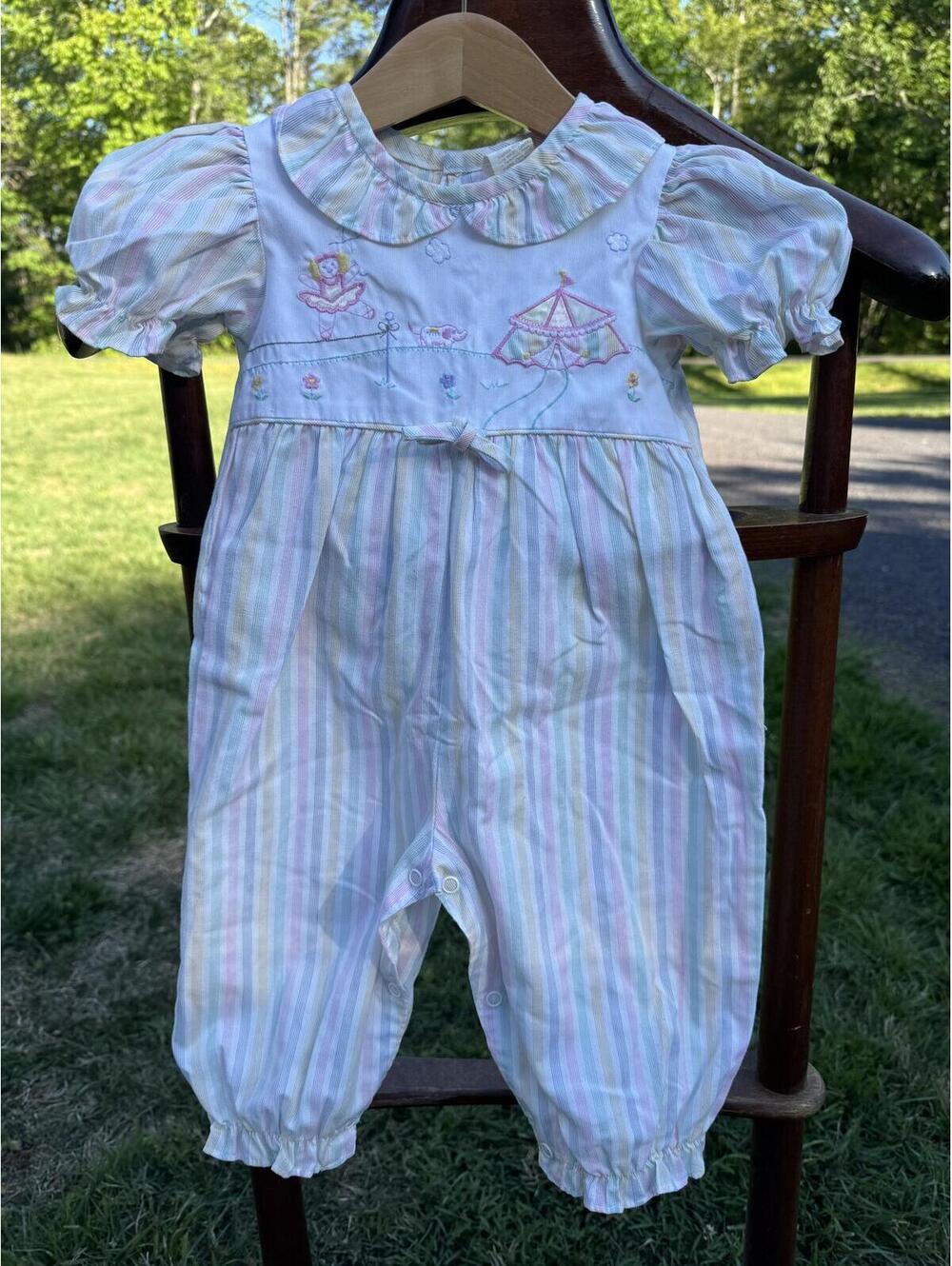 Vintage Pastel Striped Romper with Embroidered Carousel Design 12 Months
